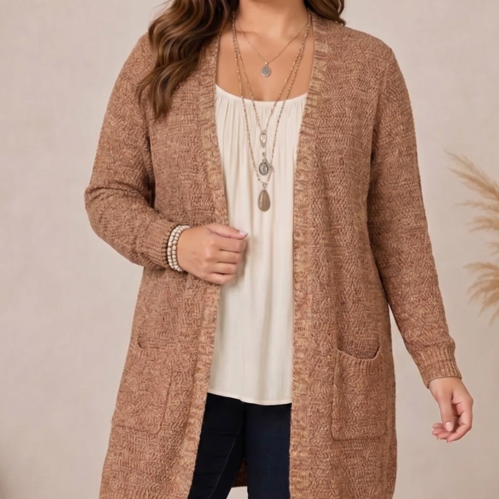 Love Ellie Womens XL Brown Marled Longline Open Front Cardigan Sweater Pockets